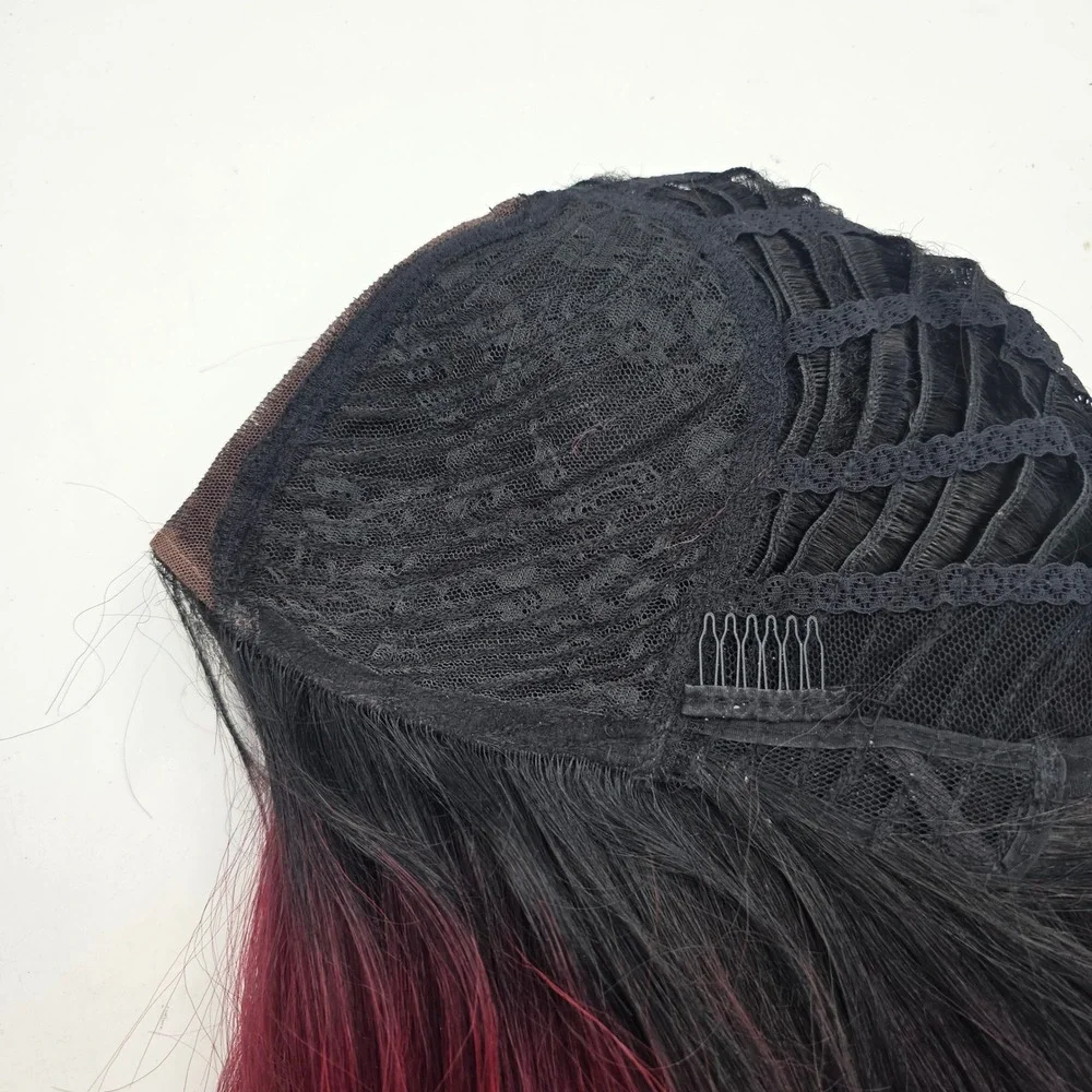 Short Burgundy Red Ombre Bob Wig Lace Front Black Roots Straight Synthetic Hair
